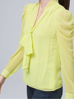 NWT White House Black Market WHBM Puff-Sleeve Tie-Neck Blouse S Petite